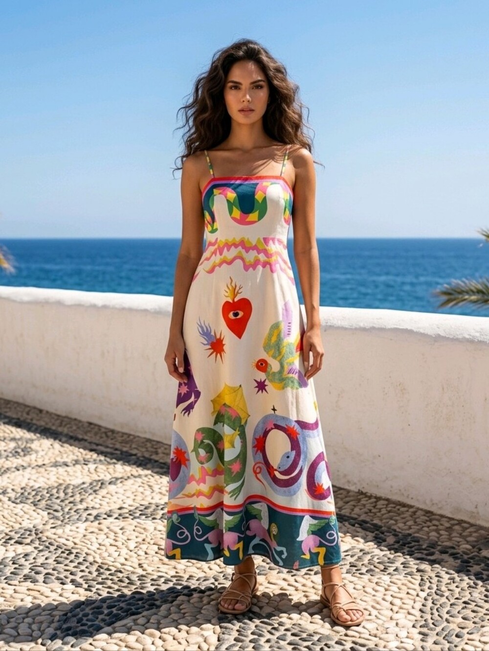 Multicolor Heart & Wave Print Spaghetti-Strap  Dress